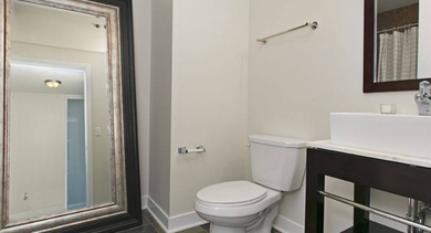 Elegant bathroom at Trio Apartments in Chicago featuring a modern vessel sink, dark vanity, and a large decorative mirror