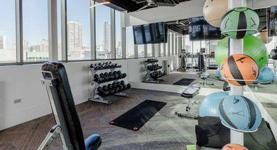 State-of-the-art fitness center at Trio Apartments in Chicago with cardio machines, weights, and cityscape views
