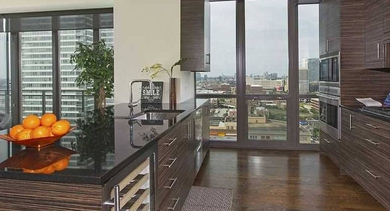 Contemporary kitchen with dark wood cabinets, modern appliances, and large windows offering expansive city views at Trio Apartments in Chicago