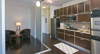 Sleek kitchen with dark wood cabinets, stainless steel appliances, and an adjacent cozy den area at Trio Apartments in Chicago