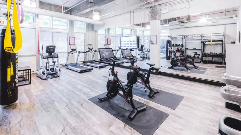 Comprehensive fitness center featuring various exercise machines, including treadmills, bikes, and a punching bag, at Wells Place, Chicago