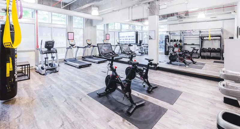 Comprehensive fitness center featuring various exercise machines, including treadmills, bikes, and a punching bag, at Wells Place, Chicago