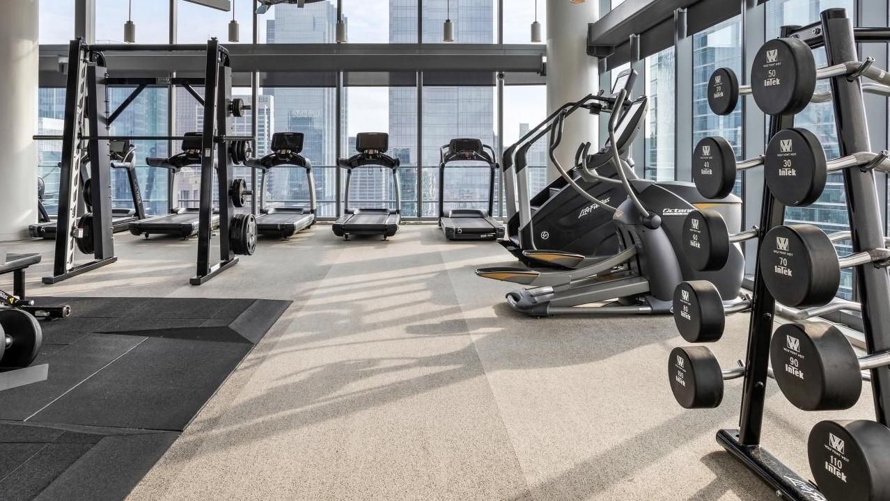 Modern gym at Wolf Point West apartments in Chicago featuring free weights, treadmills, and large windows with skyline views