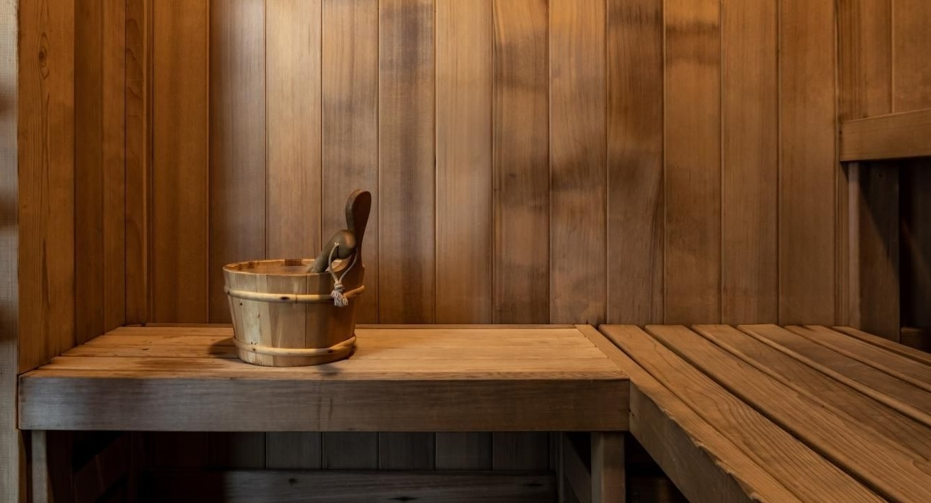 Wooden sauna at Wolf Point West apartments in Chicago offering a relaxing wellness amenity for residents