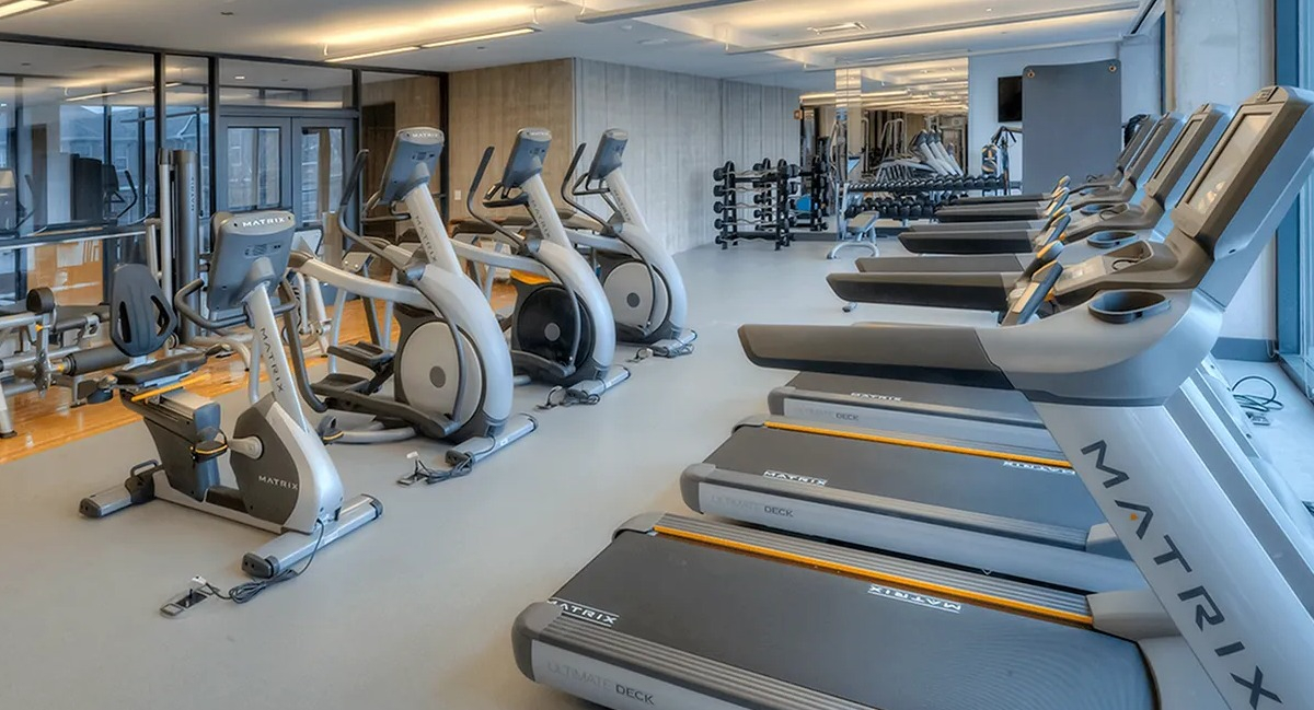 Bright fitness center featuring treadmills, ellipticals, and other cardio equipment with large windows at Xavier Apartments in Chicago