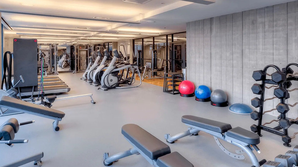 Spacious gym with various weightlifting equipment, free weights, and cardio machines at Xavier Apartments in Chicago